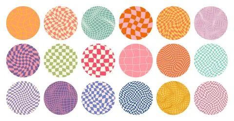 Groovy checkered pattern, round colorful tiled grid. Vintage wavy curved Stock Illustration