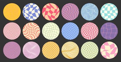 Groovy checkered pattern, round colorful tiled grid. Vintage wavy curved Stock Illustration