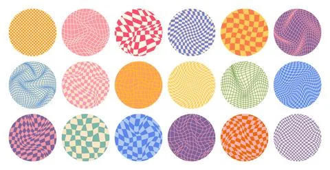 Groovy checkered pattern, round colorful tiled grid. Vintage wavy curved Stock Illustration