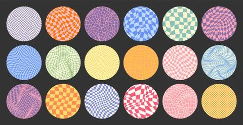 Groovy checkered pattern, round colorful tiled grid. Vintage wavy curved Stock Illustration