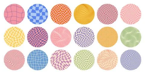 Groovy checkered pattern, round colorful tiled grid. Vintage wavy curved Stock Illustration