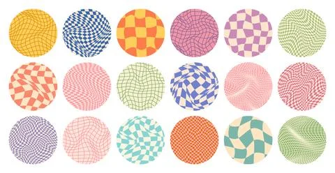 Groovy checkered pattern, round colorful tiled grid. Vintage wavy curved Stock Illustration