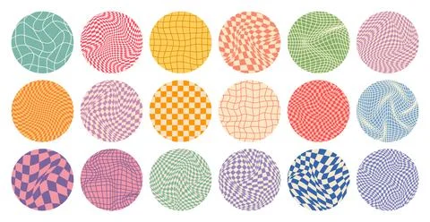 Groovy checkered pattern, round colorful tiled grid. Vintage wavy curved Stock Illustration