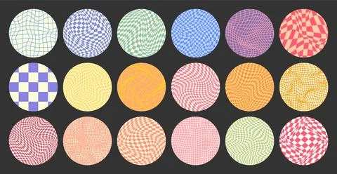Groovy checkered pattern, round colorful tiled grid. Vintage wavy curved Stock Illustration