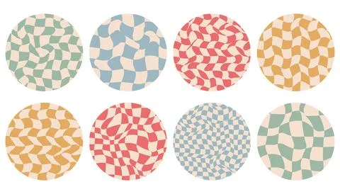Groovy checkered pattern in round shape. Round avatars. Vintage wavy curved b Stock Illustration