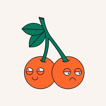 Groovy cherry sticker. Psychedelic funky cherries with funny face expression Stock Illustration