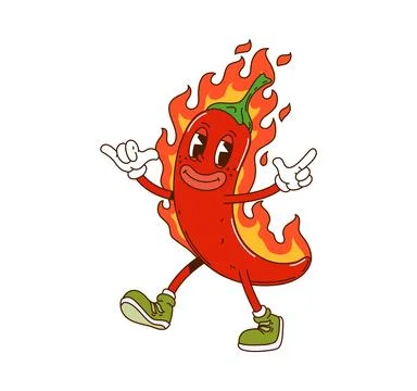 Groovy chili pepper fire flames, cartoon character Stock Illustration