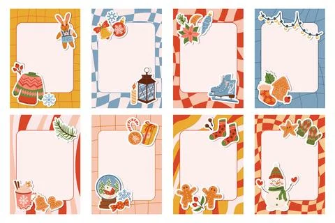 Groovy Christmas note page set with cartoon festive frames of stickers like.. Stockillustratie