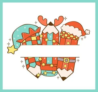 Groovy Christmas Pencil Split Frame Name Cartoon Hand Drawn Design for Scho.. Stock Illustration