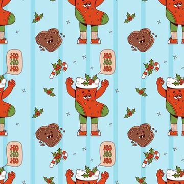 Groovy Christmas seamless pattern. Retro cartoon character Xmas stocking wi.. Stock Illustration