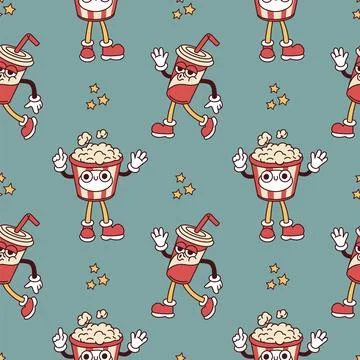 Groovy cinema characters seamless pattern. Cartoon retro mascots, repeated funny Stock Illustration
