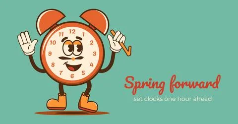 Groovy clock Daylight Saving Time banner. Happy face turn to summertime. Spri Stock Illustration