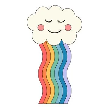 Groovy cloud character with rainbow. Retro vintage 60s 70s clipart. 스톡 일러스트