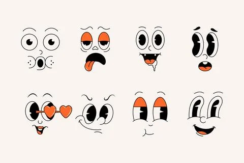 Groovy comic face set. Cartoon characters faces with different emotions Stock Illustration
