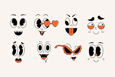 Groovy comic faces. Cartoon characters face collection with different emotion Stock Illustration