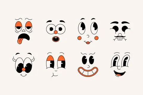 Groovy comic faces. Cartoon characters face collection with different emotion Stock Illustration