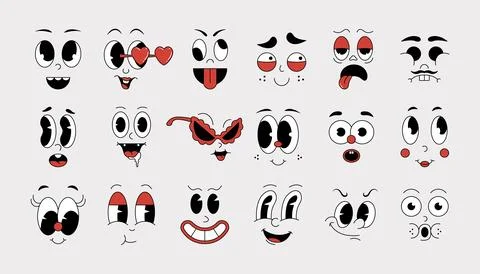 Groovy comic faces. Retro 70s 80s 90s psychedelic smiley face icons, abstract Stock Illustration