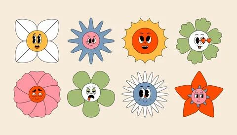 Groovy comic flower child characters. Hippy 60s 70s icons with psychedelic Stock Illustration