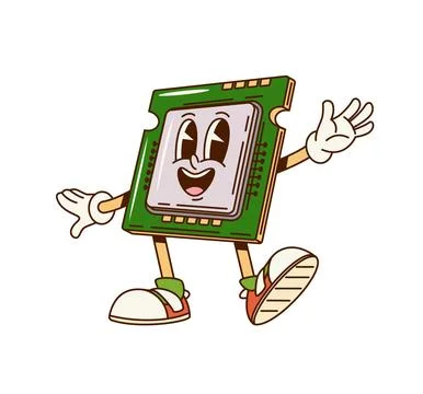 Groovy computer chip character with funny face Illustrazione stock