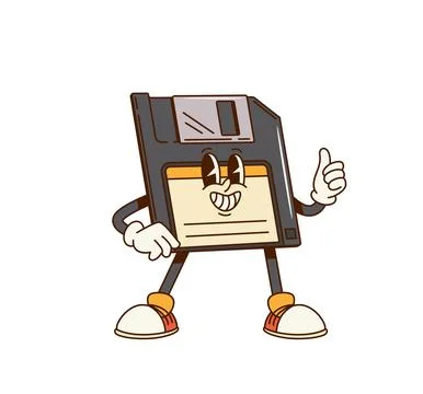 Groovy computer floppy disk diskette character Stock Illustration