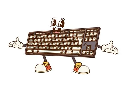 Groovy computer keyboard retro cartoon character Stock Illustration