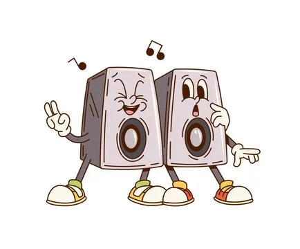 Groovy computer speakers funky retro characters Stock Illustration