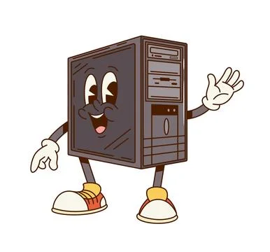 Groovy computer system unit PC cartoon character Stock Illustration