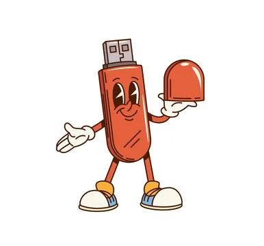 Groovy computer USB flash memory cartoon character Illustrazione stock