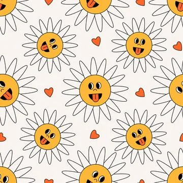 Groovy daisy flower pattern. Seamless floral Y2K print with cartoon funky Stock Illustration