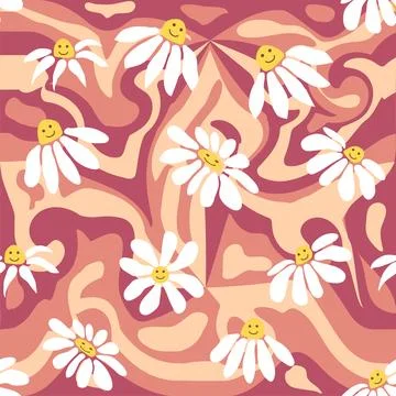 Groovy daisy retro seamless pattern. Retro Smile Chamomile Pattern on 1970 Hi Stock Illustration