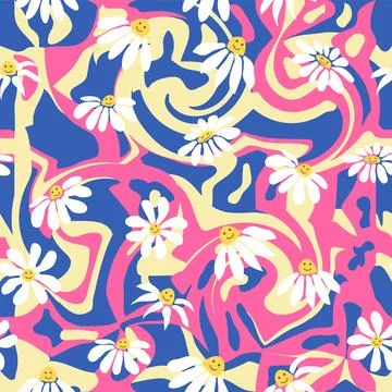 Groovy daisy retro seamless pattern. Retro Smile Chamomile Pattern on 1970 Hi Stock Illustration
