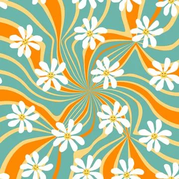 Groovy daisy retro seamless pattern. Retro Smile Chamomile Pattern on 1970 Hi Illustrazione stock
