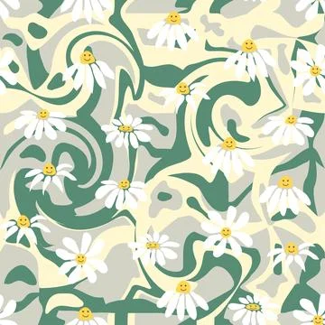 Groovy daisy retro seamless pattern. Retro Smile Chamomile Pattern on 1970 Hi 스톡 일러스트