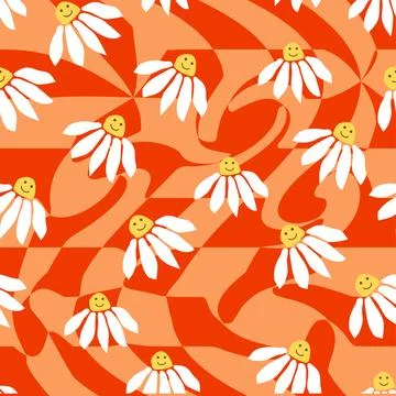 Groovy daisy retro seamless pattern. Retro Smile Chamomile Pattern on 1970 Hi Illustrazione stock