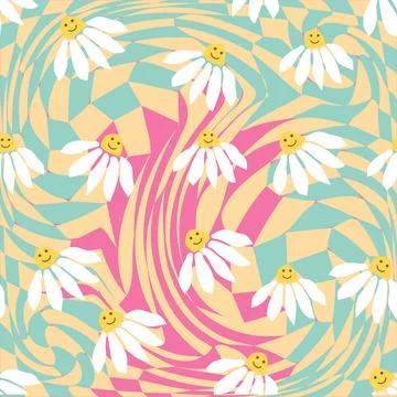 Groovy daisy retro seamless pattern. Retro Smile Chamomile Pattern on 1970 Hi Stock Illustration