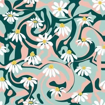 Groovy daisy retro seamless pattern. Retro Smile Chamomile Pattern on 1970 Hi Stock Illustration