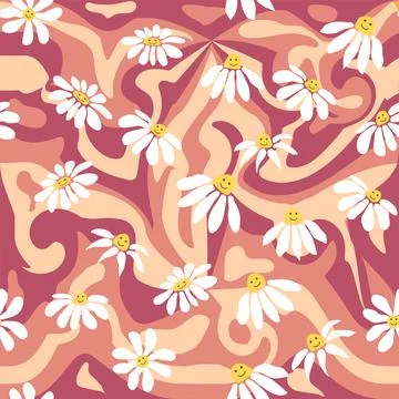Groovy daisy retro seamless pattern. Retro Smile Chamomile Pattern on 1970 Hi 스톡 일러스트