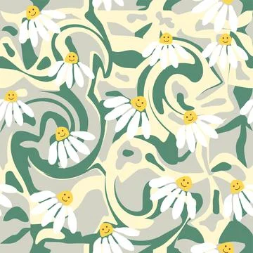 Groovy daisy retro seamless pattern. Retro Smile Chamomile Pattern on 1970 Hi 스톡 일러스트