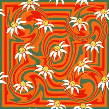 Groovy daisy retro seamless pattern. Retro Smile Chamomile Pattern on 1970 Hi Stock Illustration