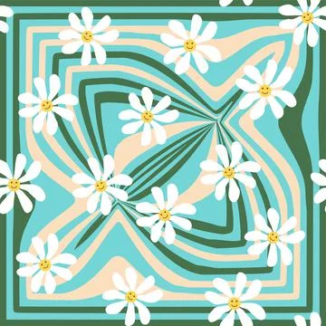 Groovy daisy retro seamless pattern. Retro Smile Chamomile Pattern on 1970 Hi Illustrazione stock