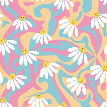Groovy daisy retro seamless pattern. Retro Smile Chamomile Pattern on 1970 Hi Stock Illustration