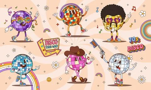 Groovy disco balls mascots vector characters Stock-Illustration