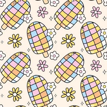 Groovy Disco popsicle Seamless Pattern Retro Summer repeat background Stock Illustration