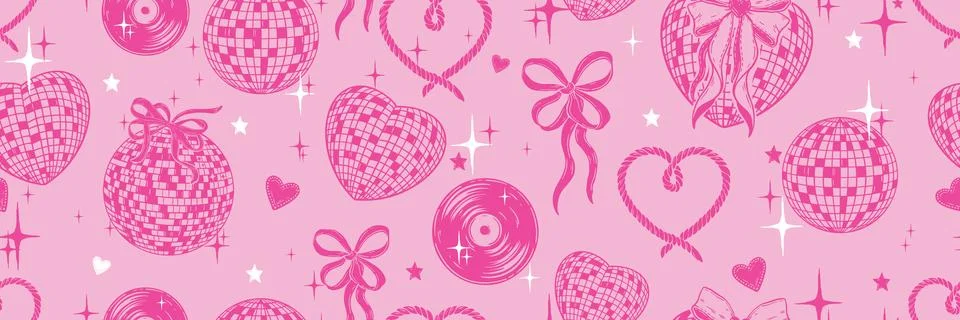 Groovy disco seamless pattern, vector bachelorette party pink background Stock Illustration