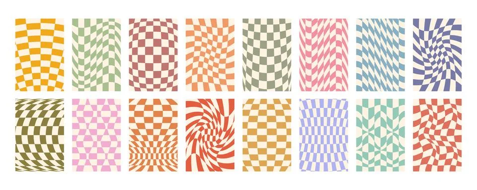 Groovy distorted checked background big set. Hand drawn groovy, hippie Stock Illustration