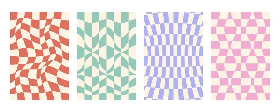 Groovy distorted checked background set. Hand drawn groovy, hippie backgrounds Stock Illustration