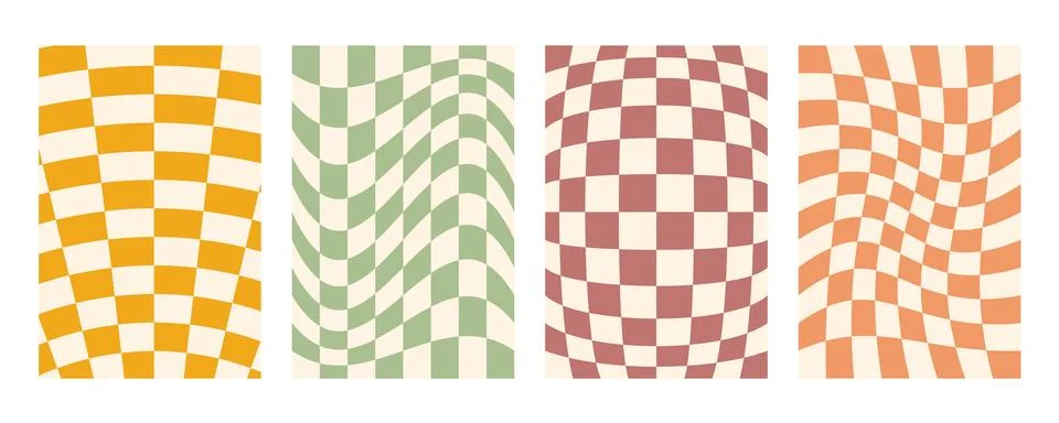 Groovy distorted checkered background set. Hand drawn groovy, hippie backgrounds Stock Illustration