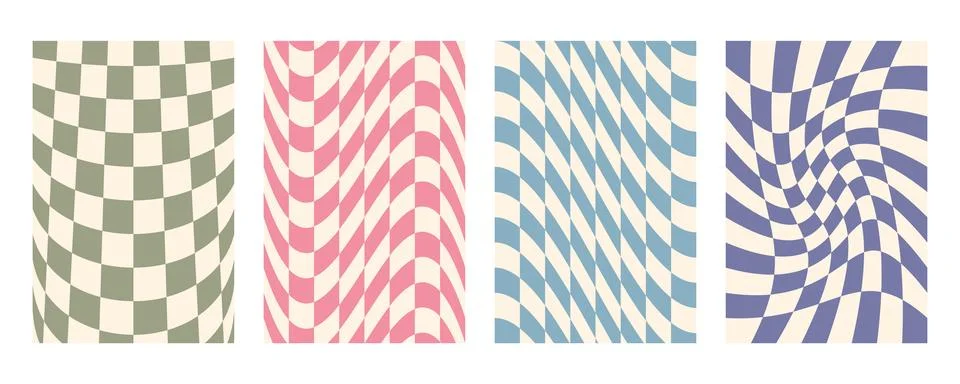 Groovy distorted checkered background set. Hand drawn groovy, hippie backgrounds Stock Illustration