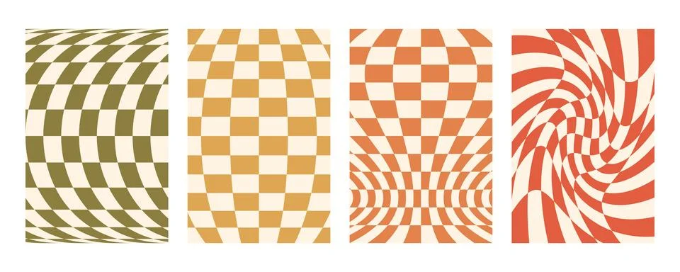 Groovy distorted checkered background set. Hand drawn groovy, hippie backgrounds Stock Illustration