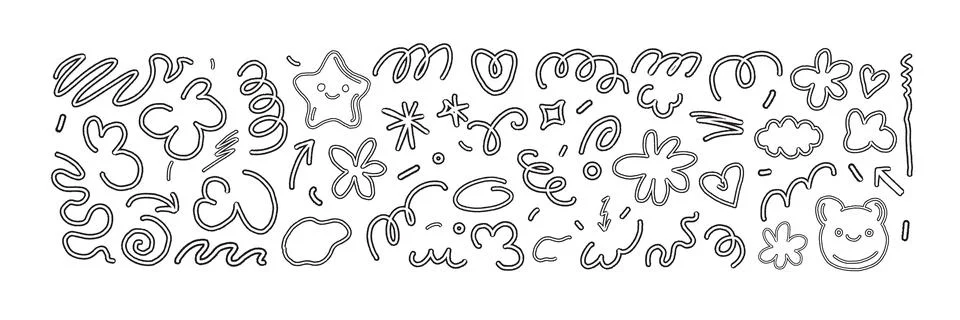 Groovy doodle line set, vector funny y2k scribble collection, abstract kids 스톡 일러스트